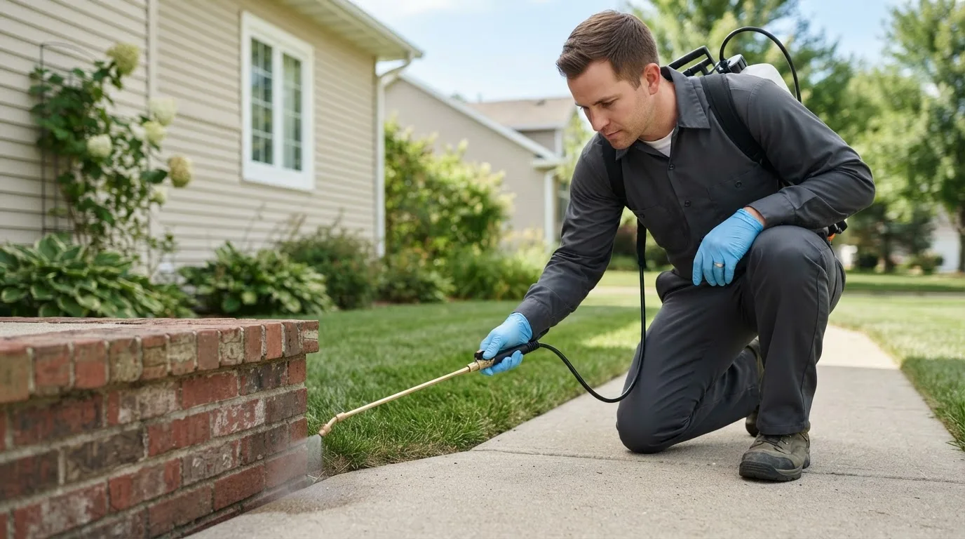 Pest control technician treating a home near Arkansas City, KS