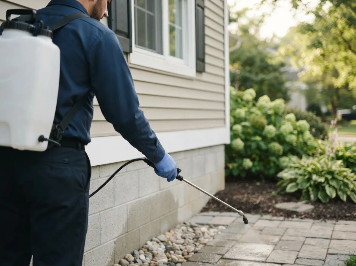 Pest control technician inspecting a home in Arkansas City, KS